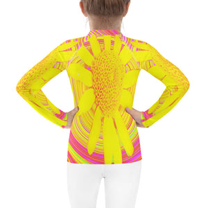 Rash Guard for Kids, Yellow Sunflower on a Psychedelic Swirl