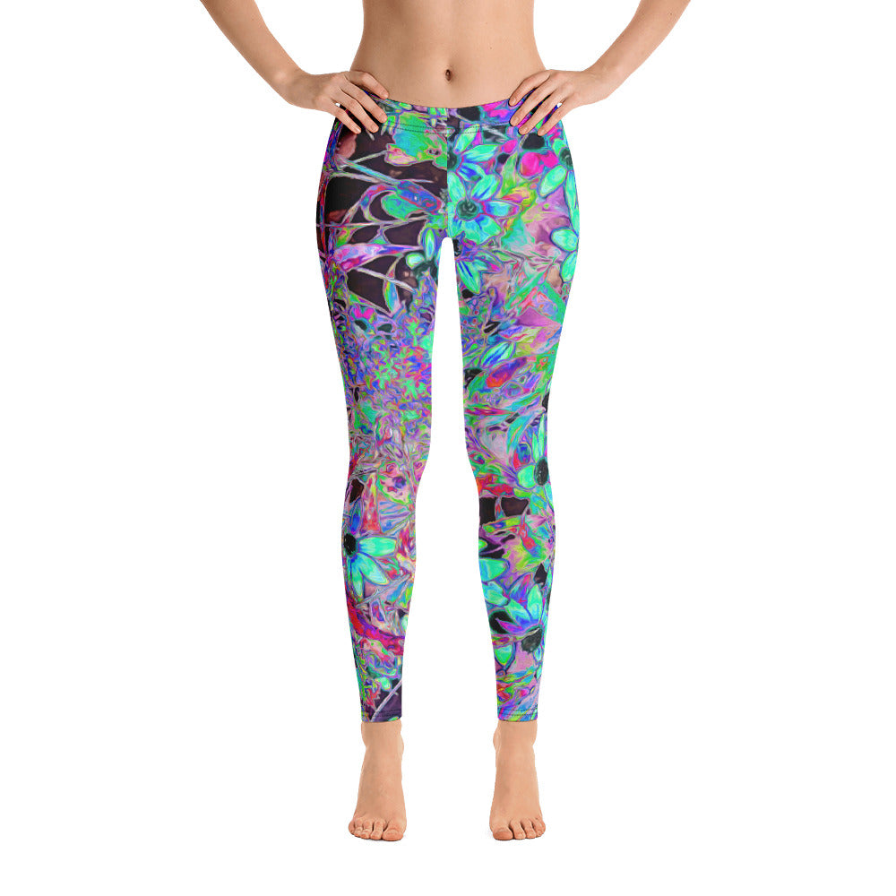 Leggings for Women, Purple Garden with Psychedelic Aquamarine Flowers