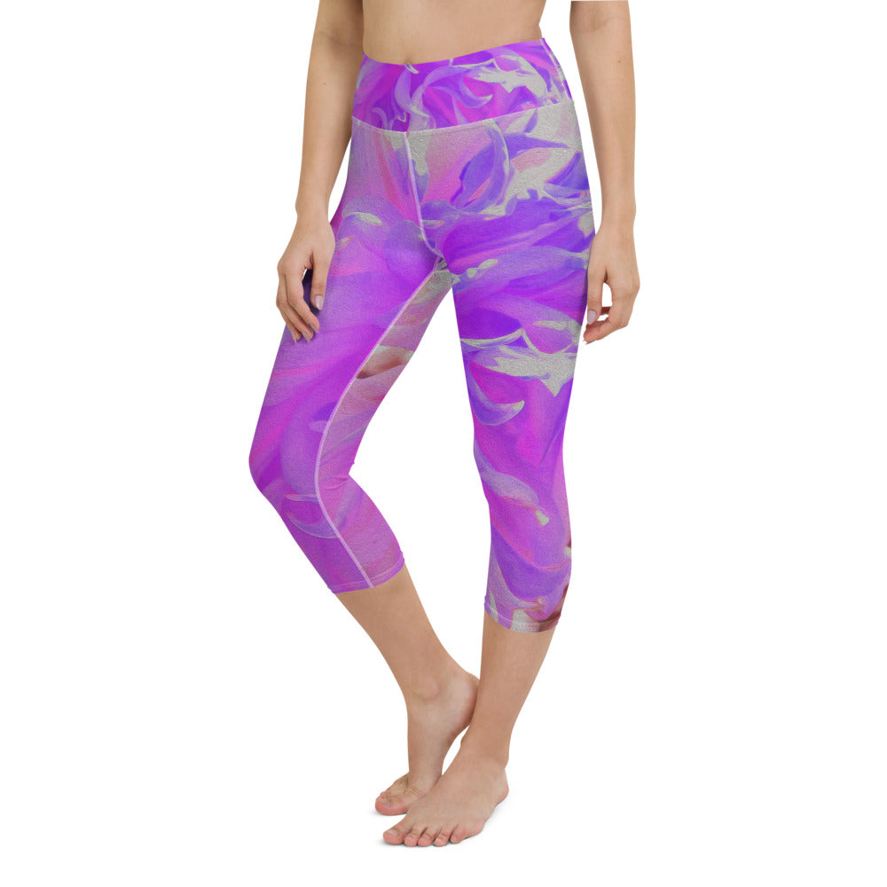 Capri Yoga Leggings, Elegant Ultra-Violet Decorative Dahlia Flower