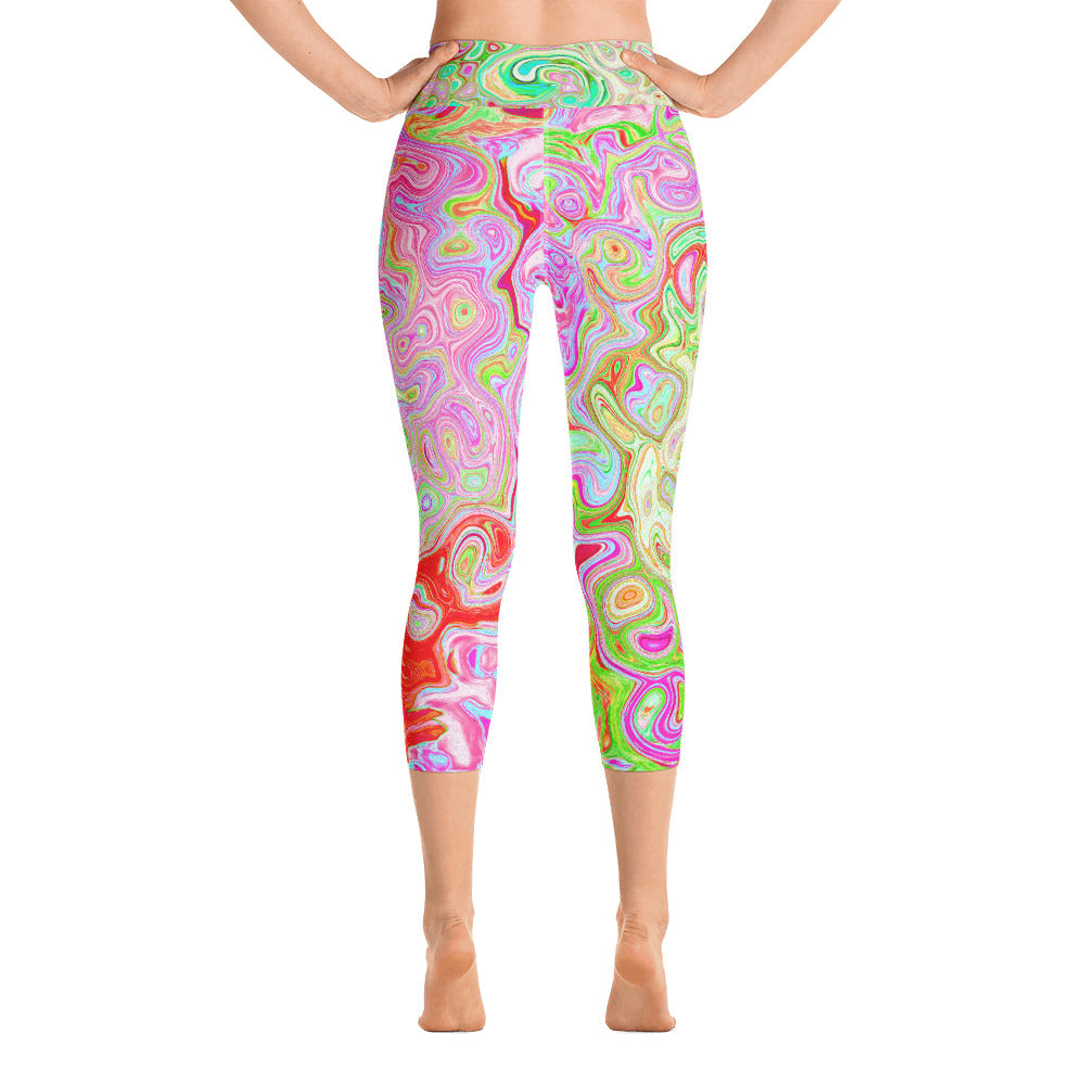 Capri Yoga Leggings, Groovy Abstract Retro Pastel Green Liquid Swirl