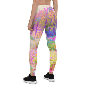 Leggings for Women, Illuminated Pink and Coral Impressionistic Landscape