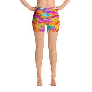 Spandex Shorts, Tropical Orange and Hot Pink Decorative Dahlia