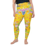 Plus Size Leggings, Pretty Yellow and Red Flowers with Turquoise