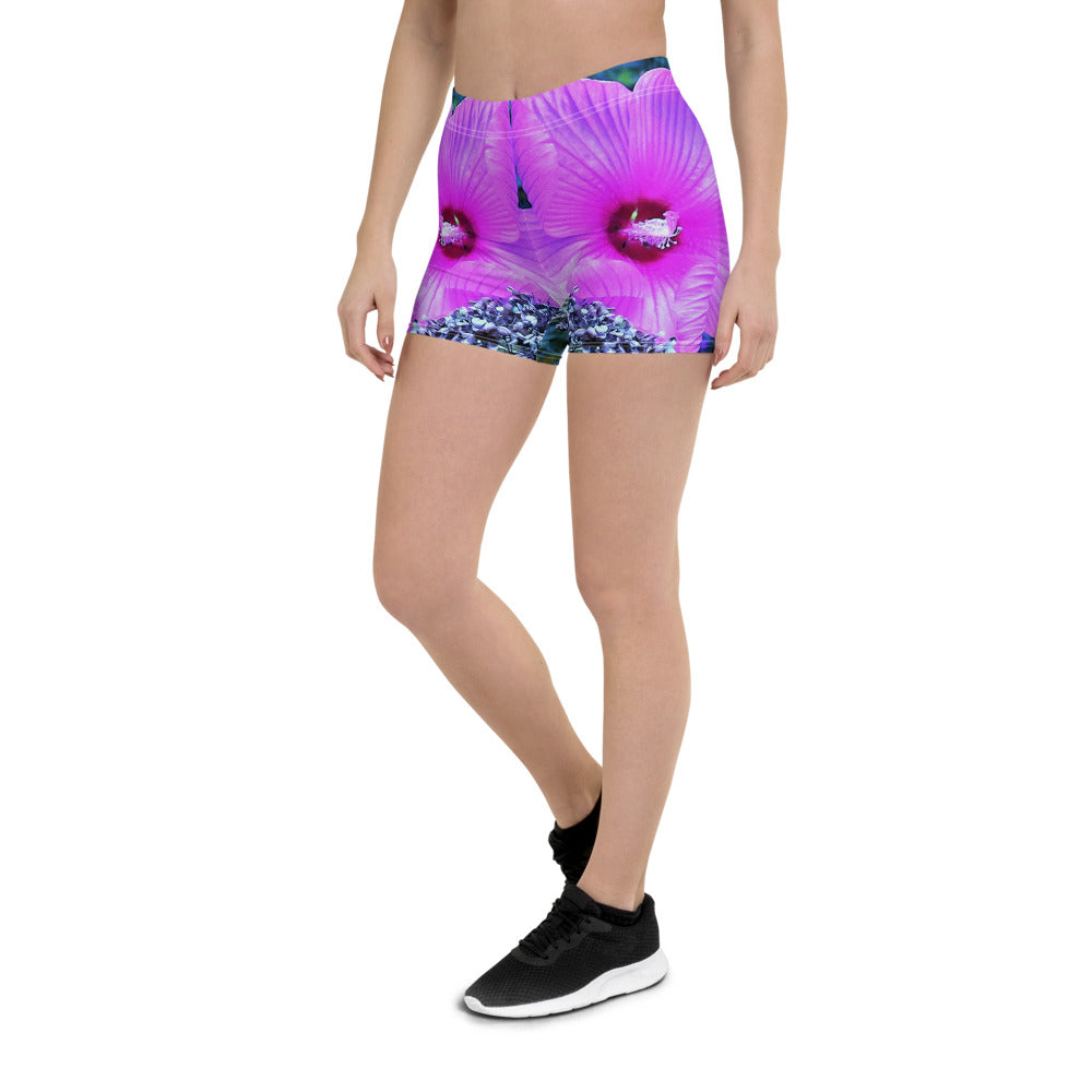 Spandex Shorts, Pink Hibiscus with Blue Hydrangea Foliage
