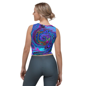 Cropped Tank Top, Groovy Abstract Retro Blue and Purple Swirl