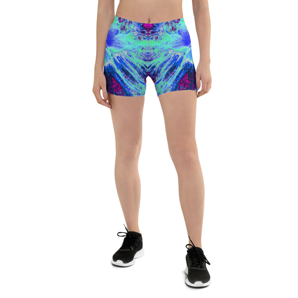 Spandex Shorts for Women, Psychedelic Retro Green and Blue Hibiscus Flower