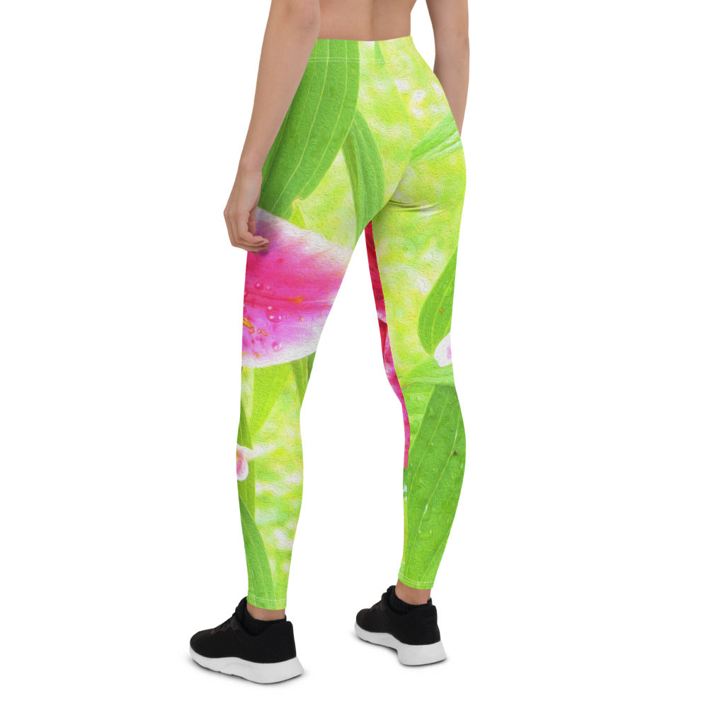 Leggings for Women, Pretty Deep Pink Stargazer Lily on Lime Green