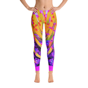 Leggings for Women, Abstract Macro Hot Pink and Yellow Coneflower