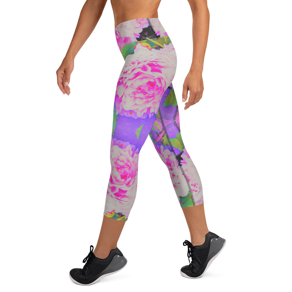 Capri Yoga Leggings, Electric Pink Peonies in the Colorful Garden