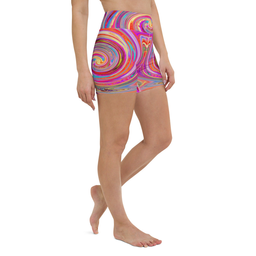 Yoga Shorts for Women, Colorful Rainbow Swirl Retro Abstract Design