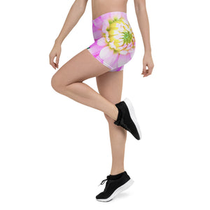 Spandex Shorts, Pretty Pink, White and Yellow Cactus Dahlia Macro