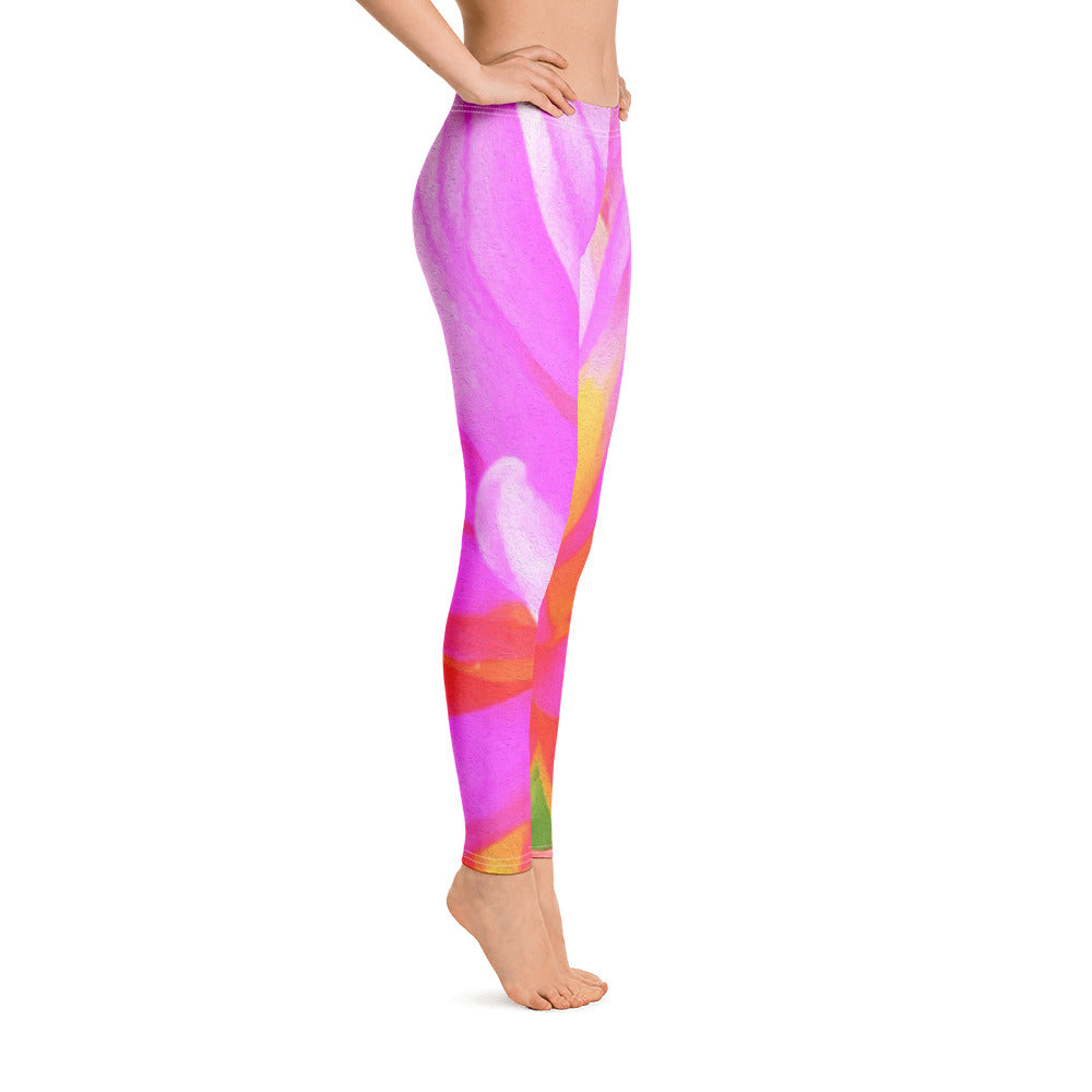 Leggings for Women, Fiery Hot Pink and Yellow Cactus Dahlia Flower