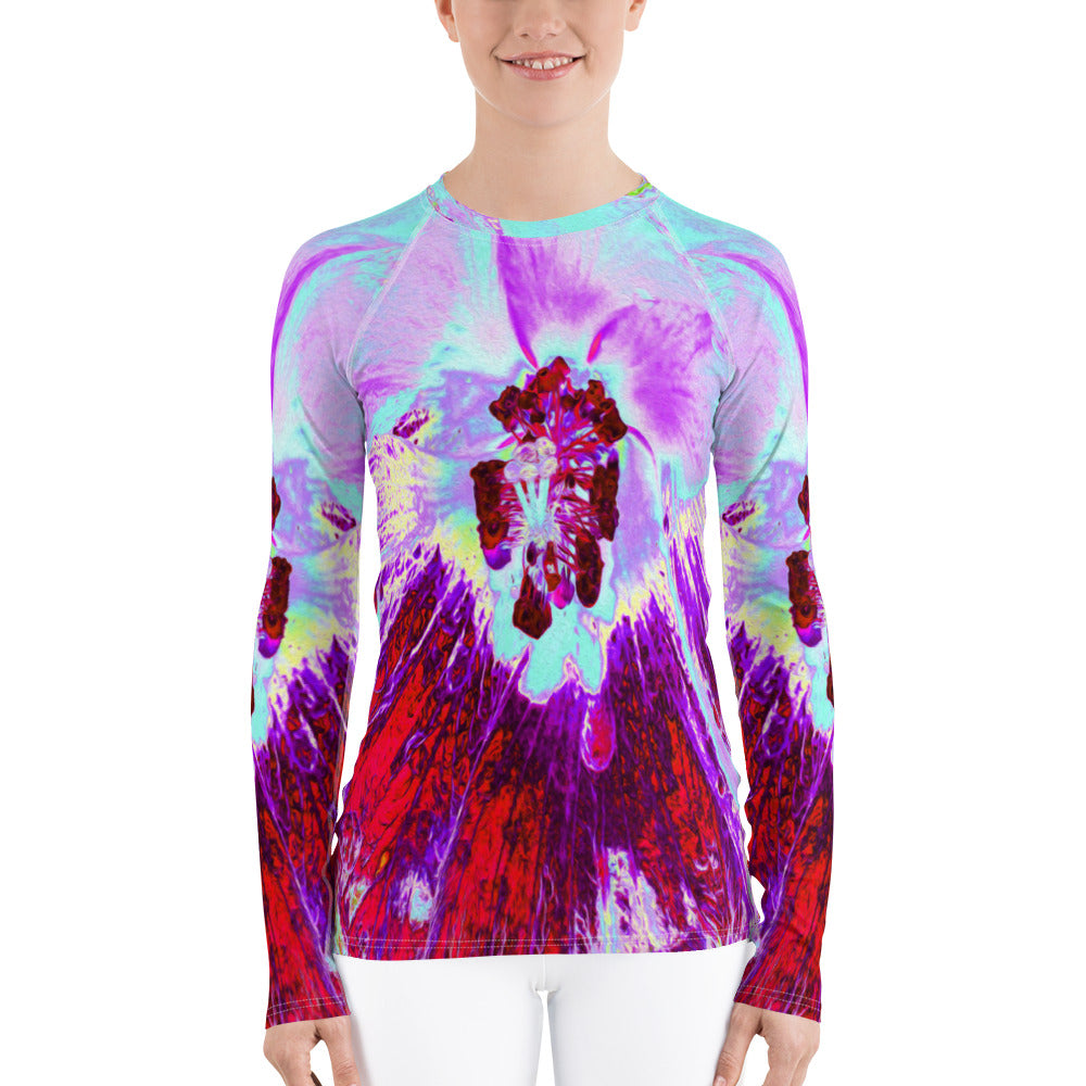 Floral Women's Rash Guard, Abstract Tropical Aqua and Purple Hibiscus Flower