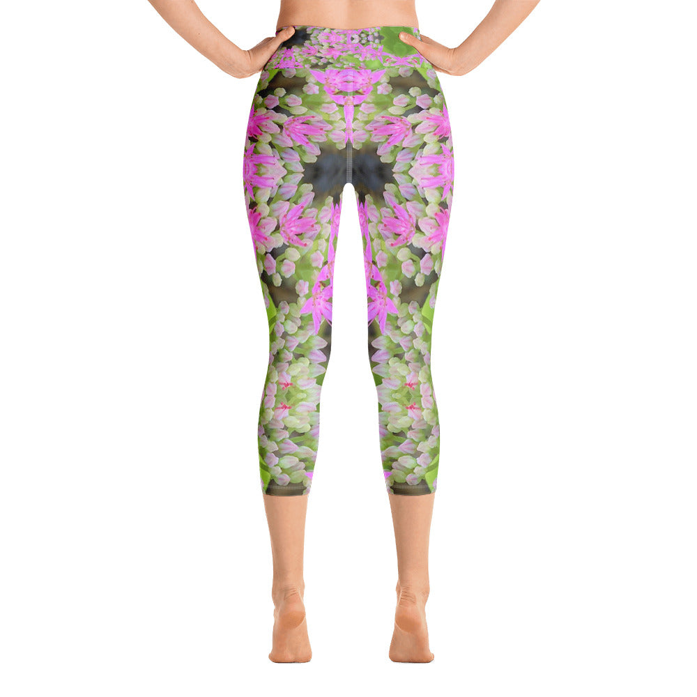 Yoga Capri Leggings, Hot Pink Succulent Sedum with Fleshy Green Leaves