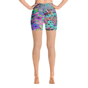 Yoga Shorts, Purple Garden with Psychedelic Aquamarine Flowers