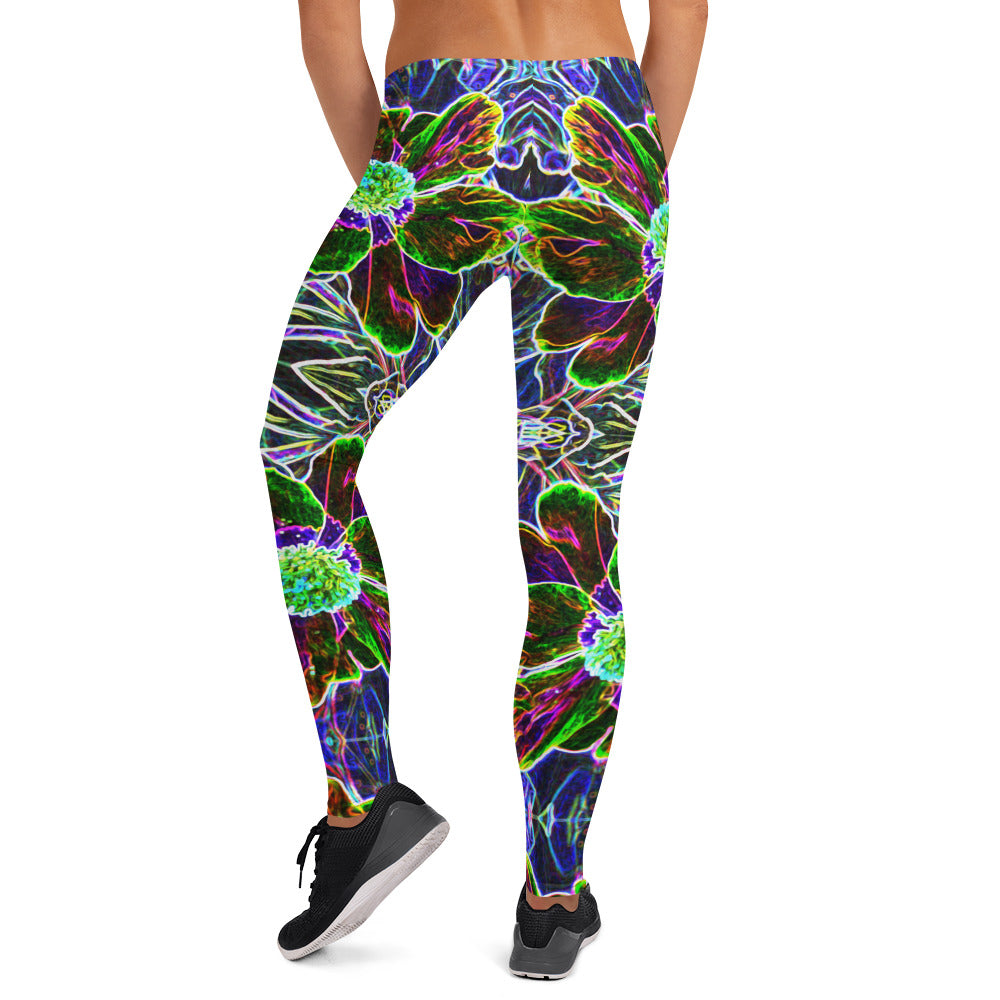 Leggings for Women, Abstract Garden Peony in Black and Blue
