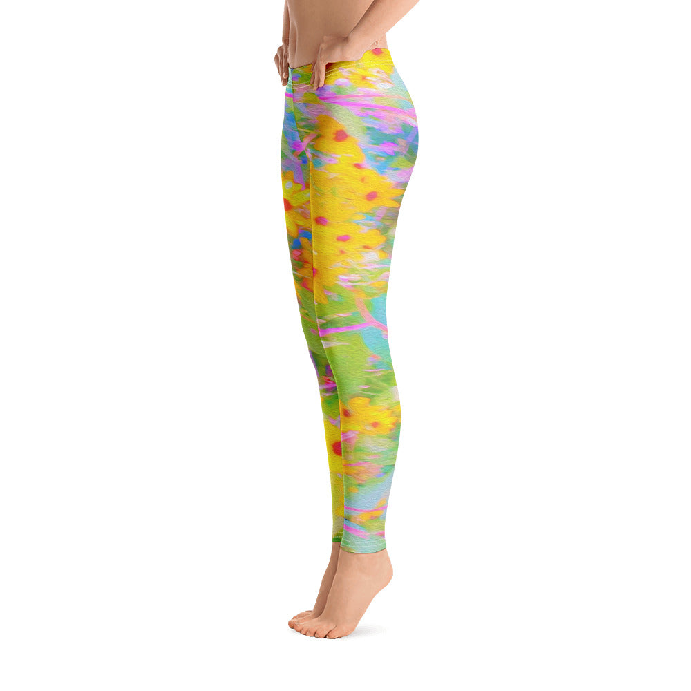 Leggings for Women, Pretty Yellow and Red Flowers with Turquoise