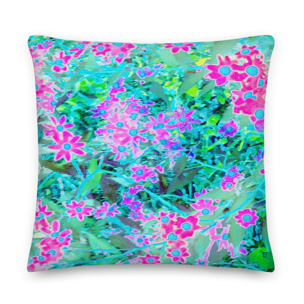 Decorative Throw Pillows, Pretty Magenta and Royal Blue Garden Flowers, Square