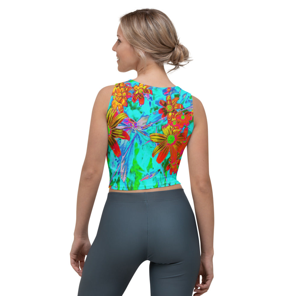 Cropped Tank Top, Aqua Tropical with Yellow and Orange Flowers