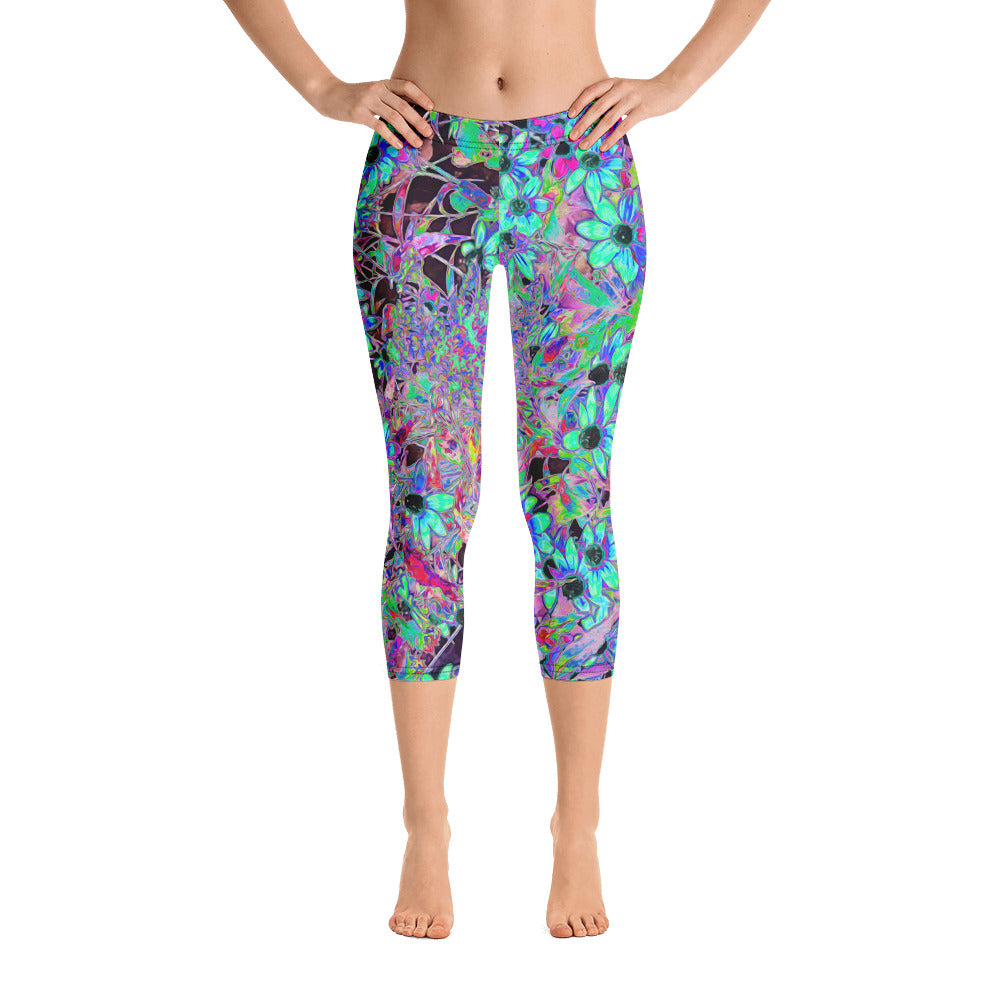 Capri Leggings, Purple Garden with Psychedelic Aquamarine Flowers