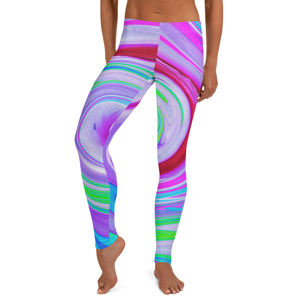 Leggings for Women, Groovy Abstract Red Swirl on Purple and Pink