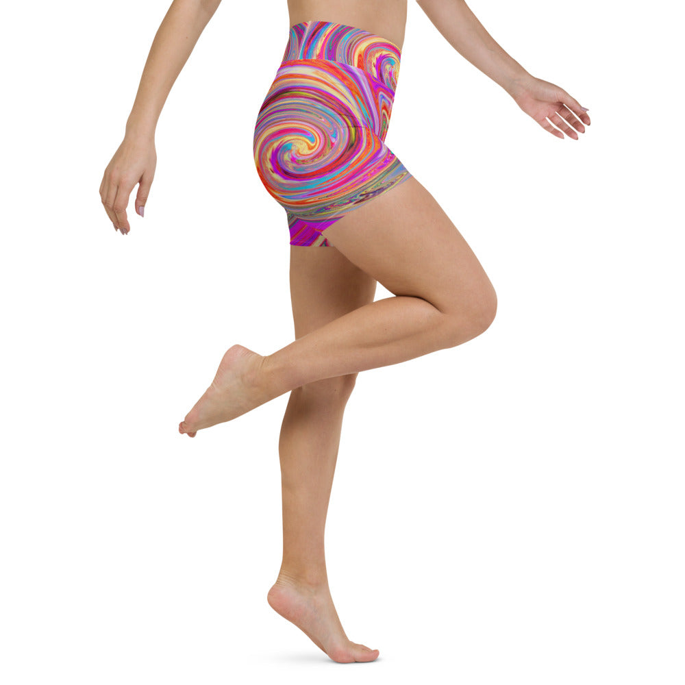Yoga Shorts for Women, Colorful Rainbow Swirl Retro Abstract Design