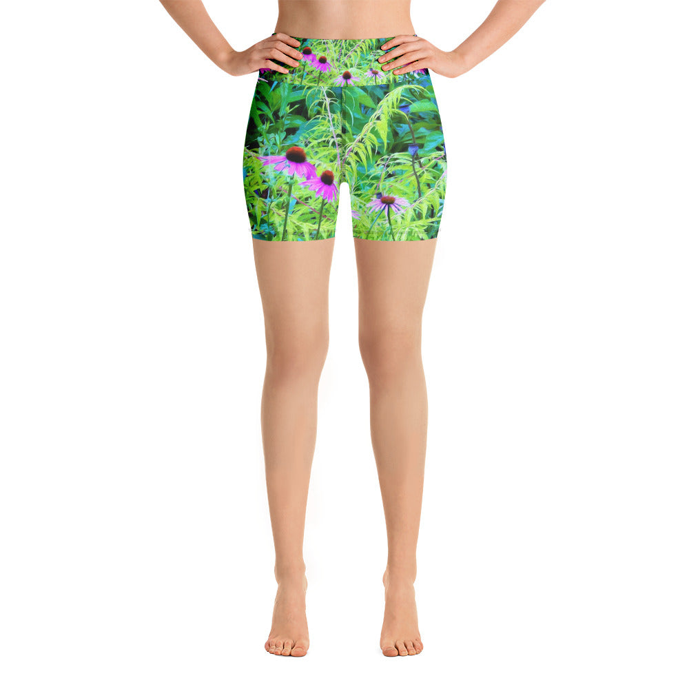Yoga Shorts, Purple Coneflower Garden with Chartreuse Foliage
