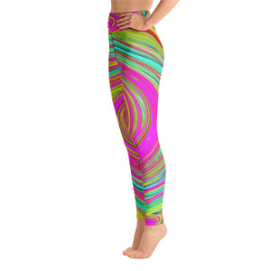 Yoga Leggings, Groovy Abstract Pink and Turquoise Swirl with Flowers