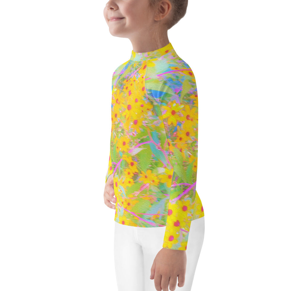 Rash Guard for Kids, Pretty Yellow and Red Flowers with Turquoise