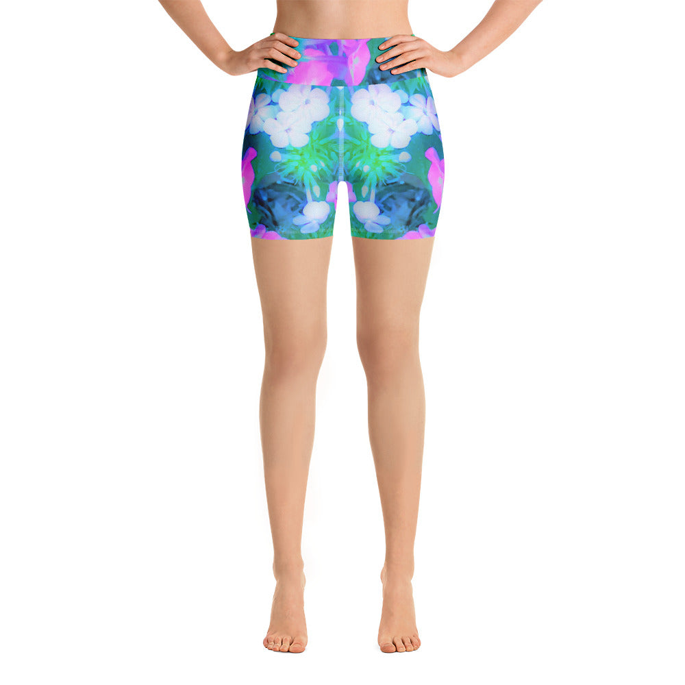 Yoga Shorts, Pink, Green, Blue and White Garden Phlox Flowers