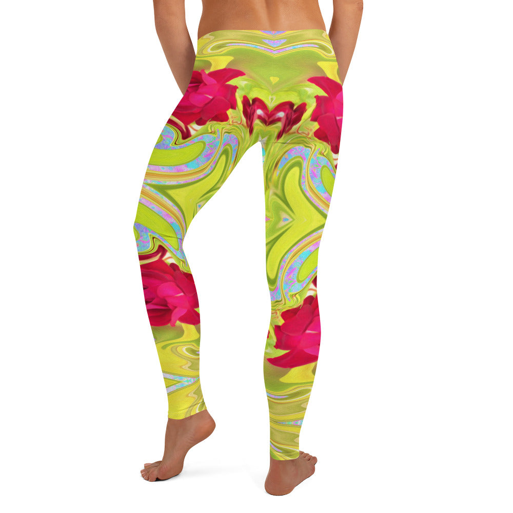 Leggings for Women, Painted Red Rose on Yellow and Blue Abstract
