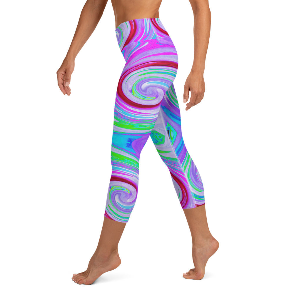 Capri Yoga Leggings, Groovy Abstract Red Swirl on Purple and Pink