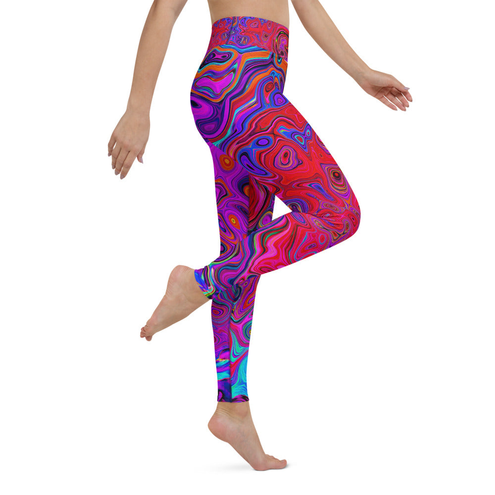 Yoga Leggings, Trippy Red and Purple Abstract Retro Liquid Swirl