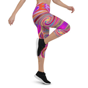 Capri Leggings for Women, Colorful Rainbow Swirl Retro Abstract Design