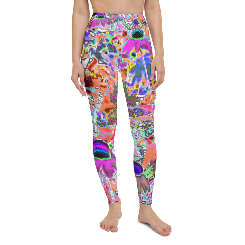 Yoga Leggings for Women, Psychedelic Hot Pink and Lime Green Garden Flowers