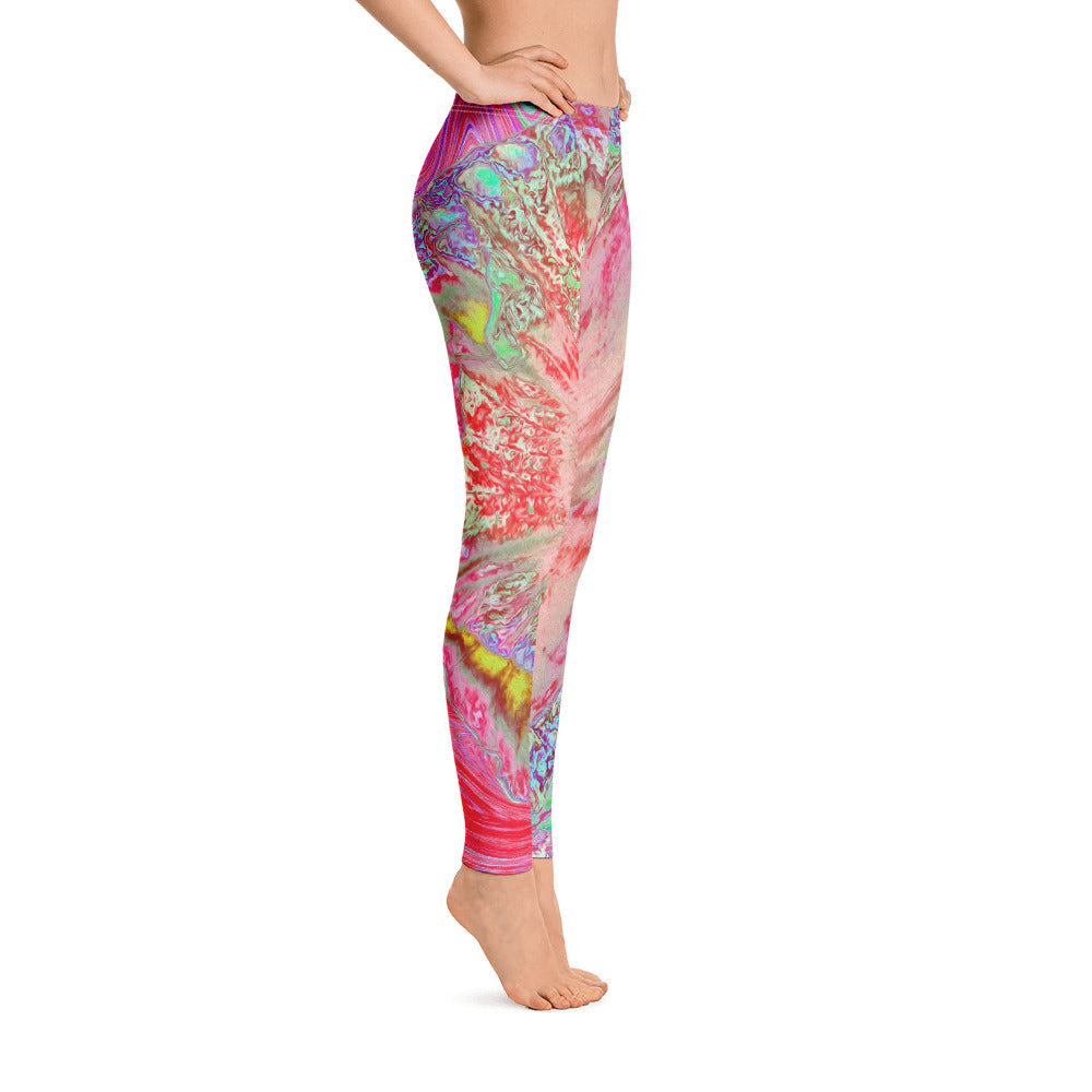 Leggings for Women, Psychedelic Retro Coral Rainbow Hibiscus
