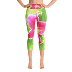Capri Yoga Leggings for Women, Pretty Deep Pink Stargazer Lily on Lime Green