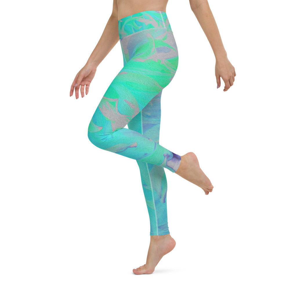 Yoga Leggings, Elegant Aquamarine Green and Blue Dahlia Flower