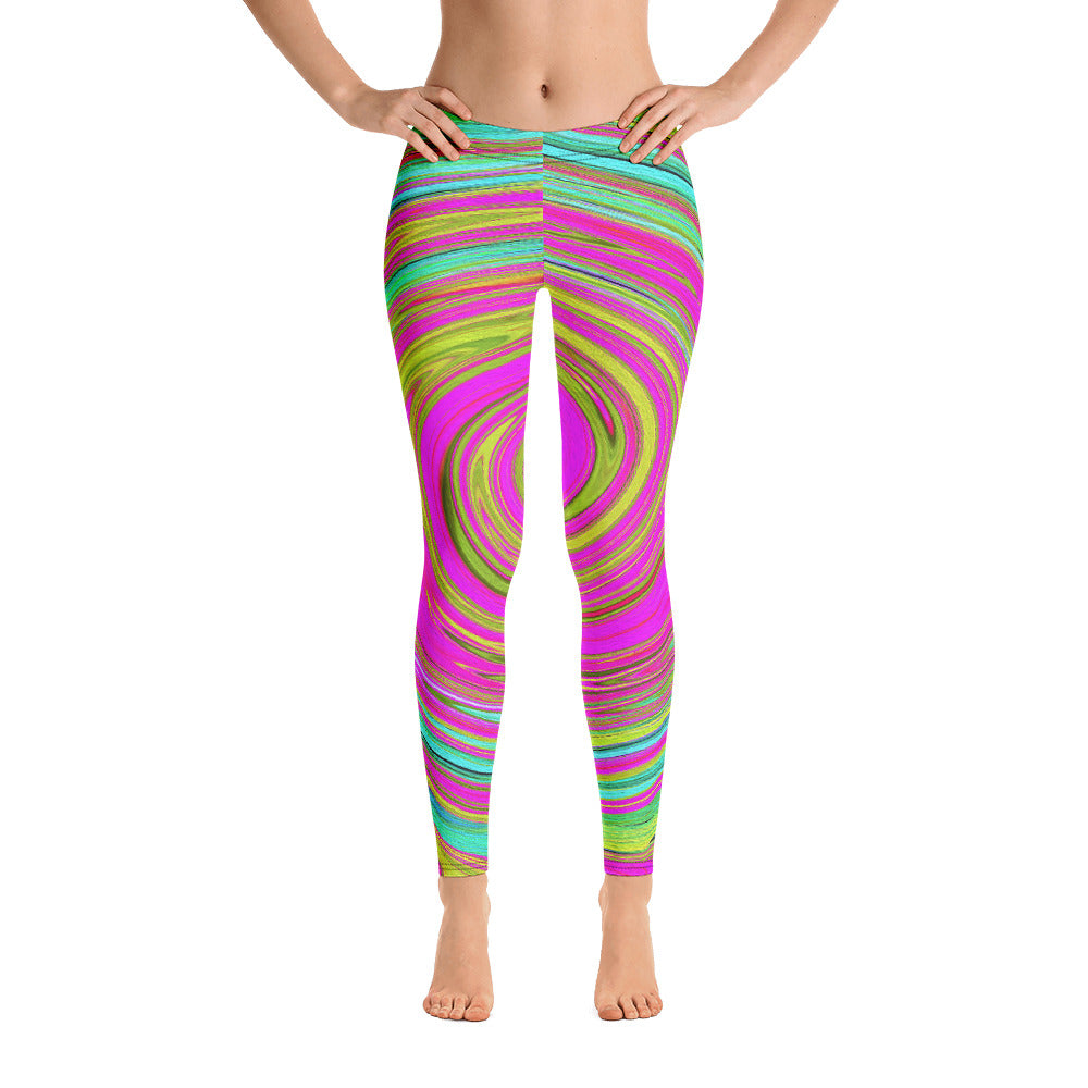 Leggings for Women, Groovy Abstract Pink and Turquoise Swirl with Flowers