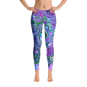 Leggings for Women, Groovy Abstract Retro Green and Purple Swirl