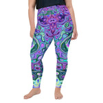 Plus Size Leggings, Groovy Abstract Retro Green and Purple Swirl