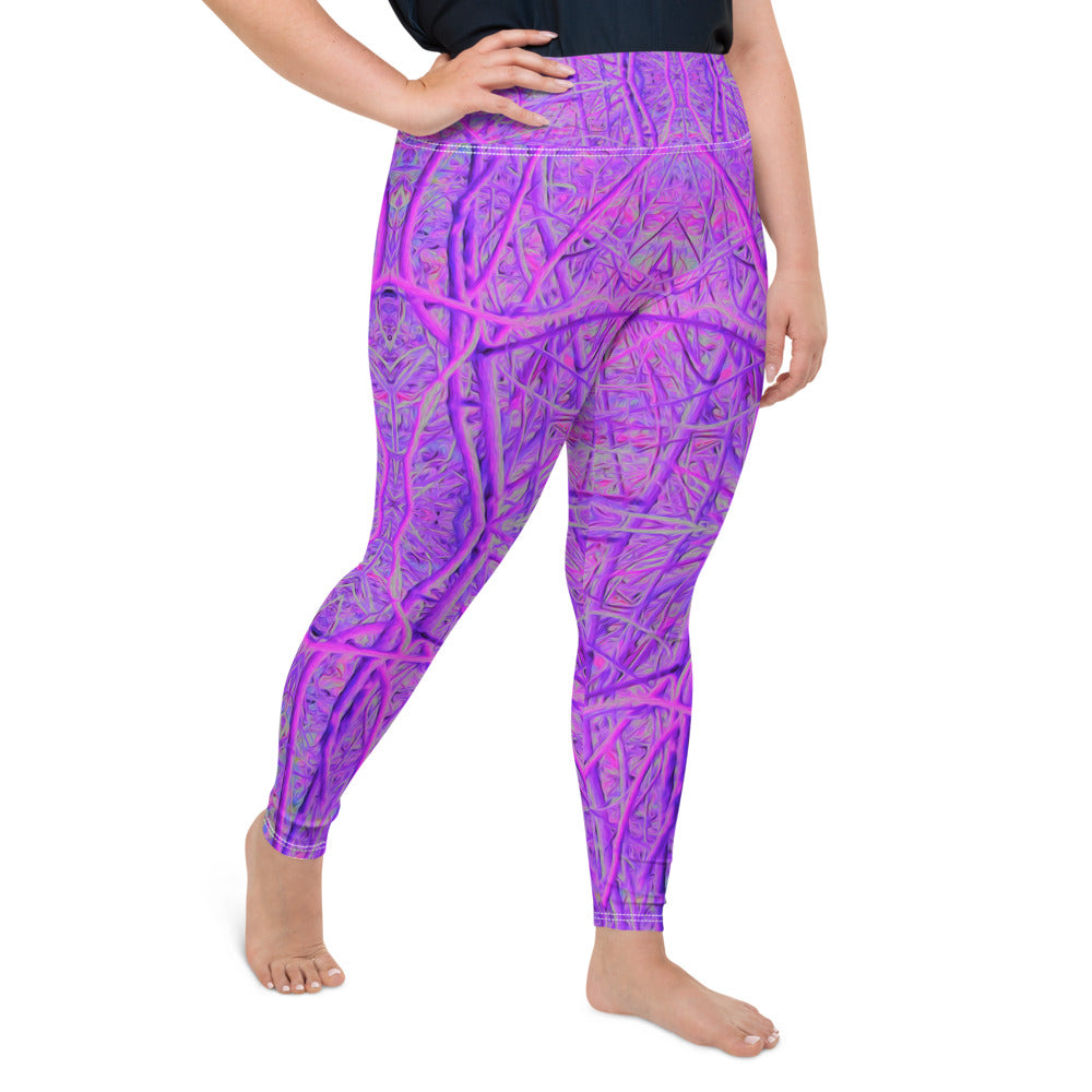 Plus Size Leggings, Hot Pink and Purple Abstract Branch Pattern