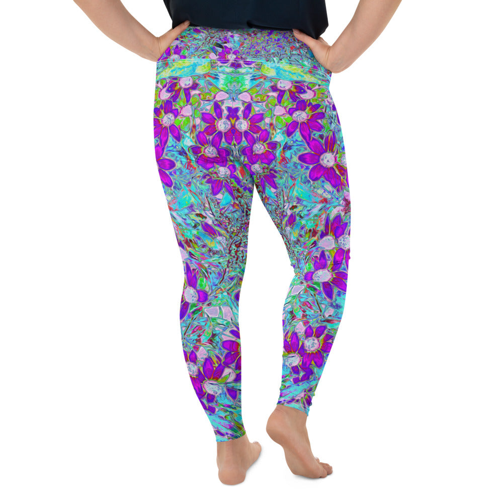 Plus Size Leggings, Aqua Garden with Violet Blue and Hot Pink Flowers