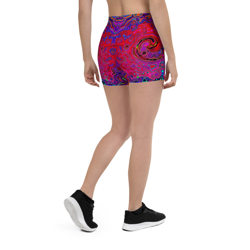 Spandex Shorts, Trippy Red and Purple Abstract Retro Liquid Swirl