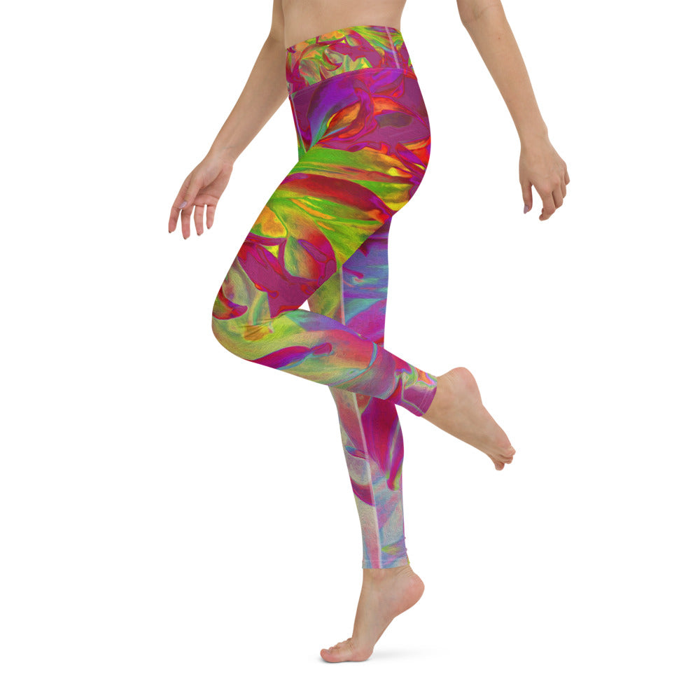 Yoga Leggings, Psychedelic Magenta and Yellow Dahlia Flower