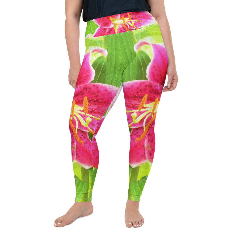 Plus Size Leggings, Pretty Deep Pink Stargazer Lily on Lime Green