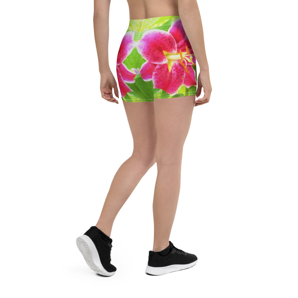 Spandex Shorts for Women, Pretty Deep Pink Stargazer Lily on Lime Green