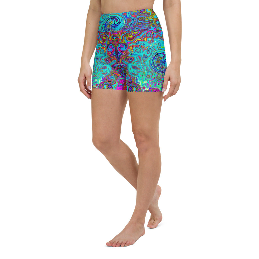 Yoga Shorts, Trippy Sky Blue Abstract Retro Liquid Swirl