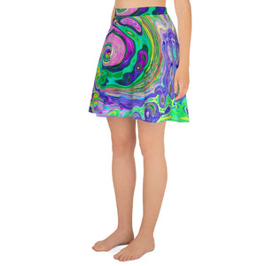 Skater Skirt, Groovy Abstract Aqua and Navy Lava Swirl