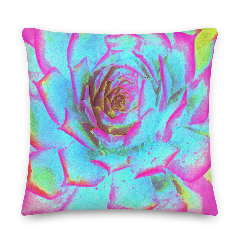 Decorative Throw Pillows, Hot Pink and Blue Succulent Sedum Rosette, Square